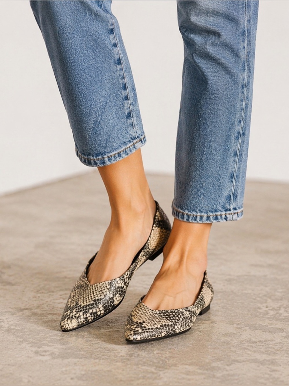 Vionic Snake Print Pointed Toe Flats in Black and Cream